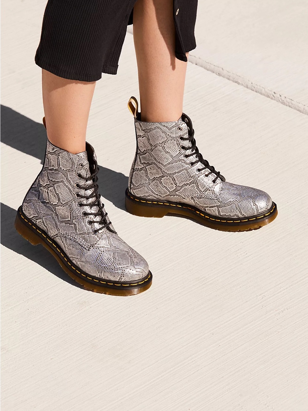 Dr. Martens Pascal Snake-Print Silver Lace-Up Combat Boots